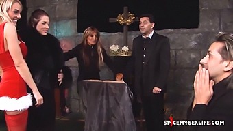 Enhance My Intimate Moments - A Blonde And Two Religious Figures Engage In Sexual Activities At A Place Of Worship.